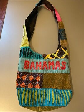 Source Unknown Patchwork Fringe Shoulder Bag in Teal, Olive & Pink